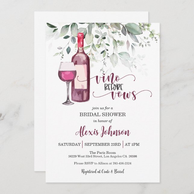Vino Before Vows Bridal Shower (Red)  Invitation (Front/Back)