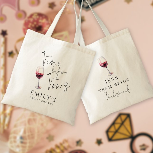 Vino Before Vows Bridesmaid Name Bridal Shower Tote Bag (Front and back view)