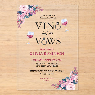 Vino Before Vows Floral Wine Theme Bridal Shower  Acrylic Invitations