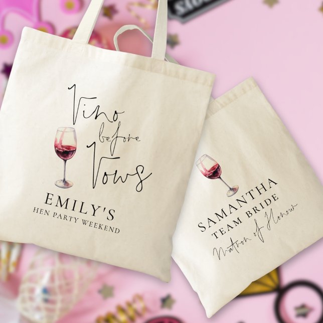 Vino Before Vows Matron of Honour Hen Party Tote Bag (Front and back view)