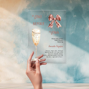 Vino before vows pink bow clear Bridal Shower Acrylic Invitations