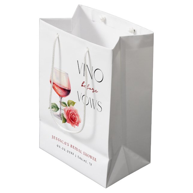 Vino Before Vows Pink Wine Theme Bridal Shower Medium Gift Bag (Front Angled)