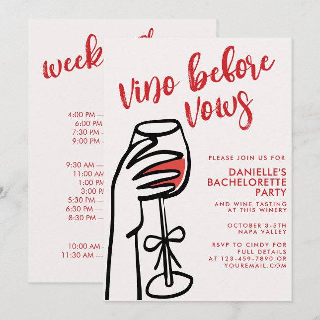 Vino Before Vows Red Wine Bachelorette Party Invitation (Front/Back)