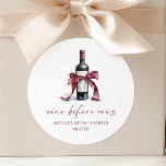 Vino Before Vows Red Wine Bottle Bow Bridal Shower Classic Round Sticker<br><div class="desc">These are Vino Before Vows Red Wine Bottle Bow Bridal Shower Party Favour Stickers!</div>