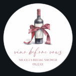 Vino Before Vows Red Wine Bottle Bow Bridal Shower Classic Round Sticker<br><div class="desc">These are Vino Before Vows Red Wine Bottle Bow Bridal Shower Party Favour Stickers!</div>