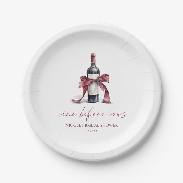 Vino Before Vows Red Wine Bottle Bow Bridal Shower Paper Plate (Front)