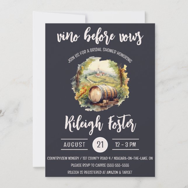 Vino Before Vows, Vineyard, Barrel, Bridal Shower Invitation (Front)