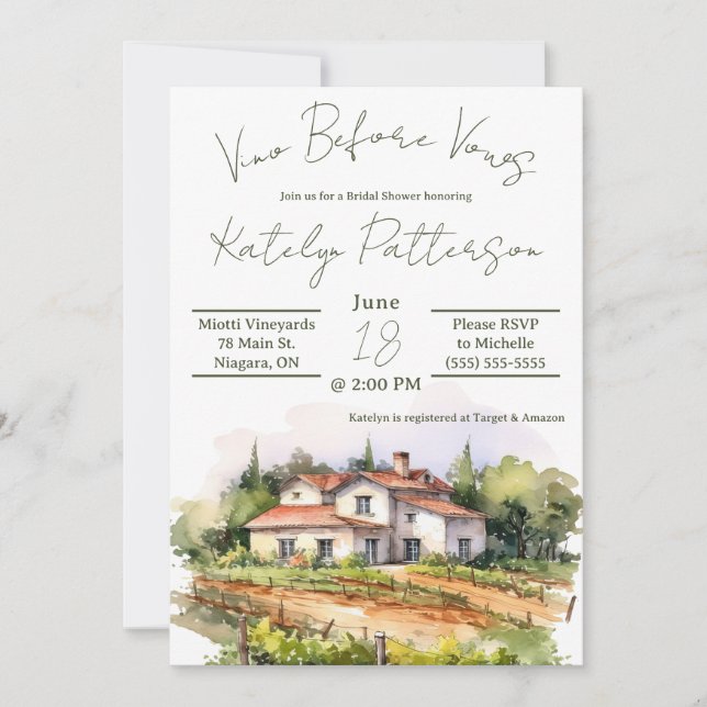 Vino Before Vows, Vineyard Bridal Shower Invitation (Front)