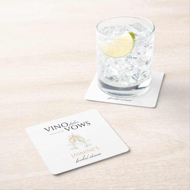 Vino before Vows White Floral Bridal Shower Square Paper Coaster (Insitu)