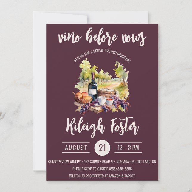 Vino Before Vows, Wine, Picnic, Bridal Shower Invitation (Front)