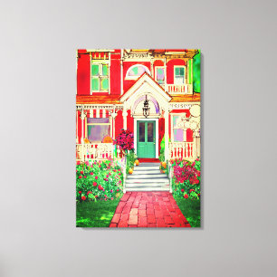 Vintae Red Victorian House Trees Flowers Canvas Print