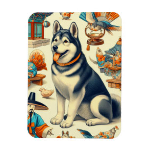 Vintagae Korean Jindo Dog Illustration Magnet