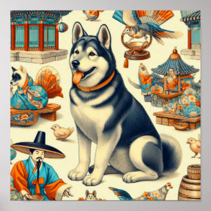 Vintagae Korean Jindo Dog Illustration Poster