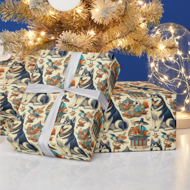 Vintagae Korean Jindo Dog Illustration Wrapping Paper (Holidays)