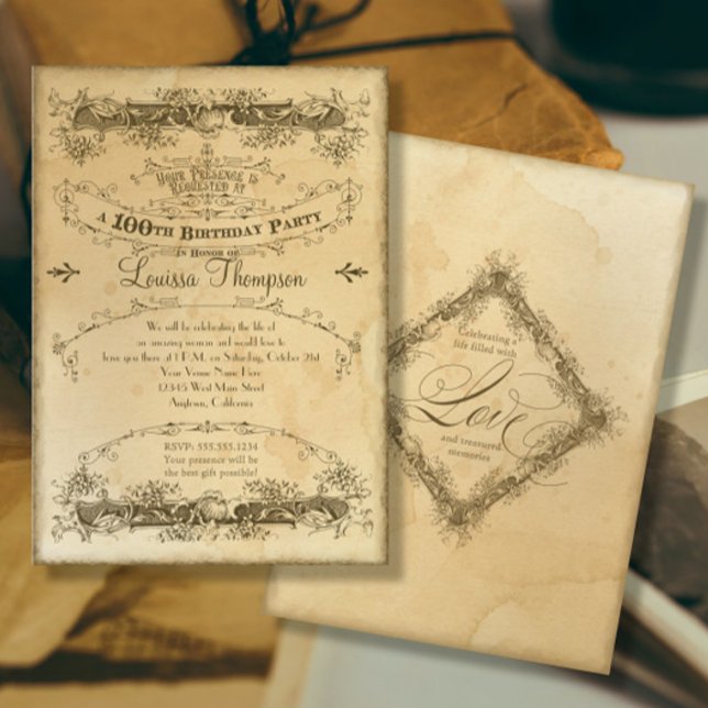 Vintage 100th Birthday Celebration Tea Stained  Invitation (Creator Uploaded)