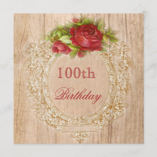 Vintage 100th Birthday Red Rose Wooden Frame Invitation