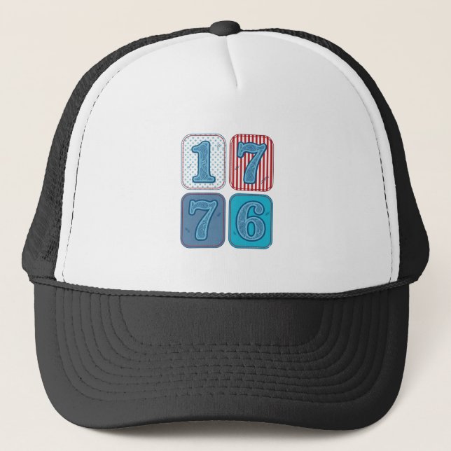 Vintage 1776 Patriotic Patchwork Trucker Hat (Front)
