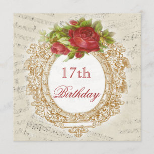 Vintage 17th Birthday Red Rose Frame Music Sheet Invitation