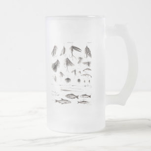 Vintage 1800s Angling Fly Fishing Flies Old Hooks Frosted Glass Beer Mug