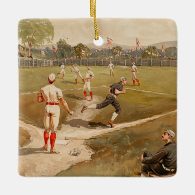 Vintage 1800s Baseball Game Christmas Ceramic Ornament (Front)
