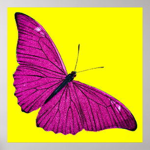 Vintage 1800s Fuchsia Hot Pink Yellow Butterfly Poster