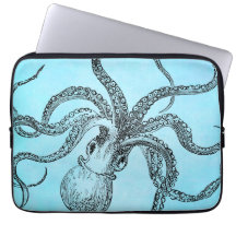 Vintage 1800s Octopus on Teal Blue Watercolor