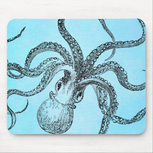 Vintage 1800s Octopus on Teal Blue Watercolor Mouse Mat