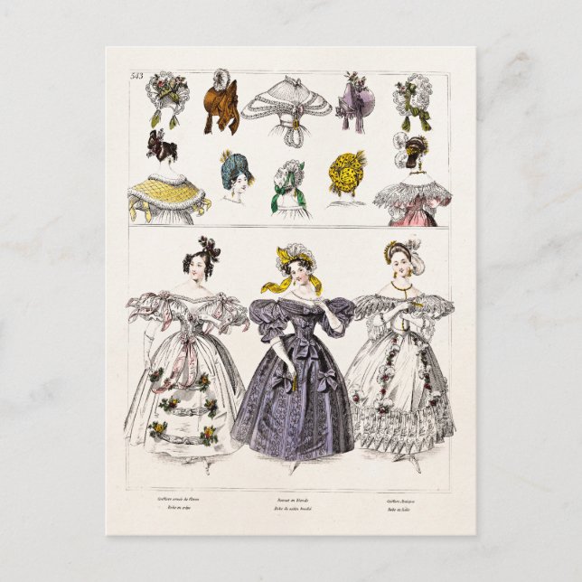 Vintage 1800s Paris Fashion - French Dresses & Hat Postcard (Front)