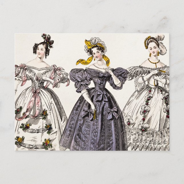 Vintage 1800s Paris Fashion - French Dresses & Hat Postcard (Front)