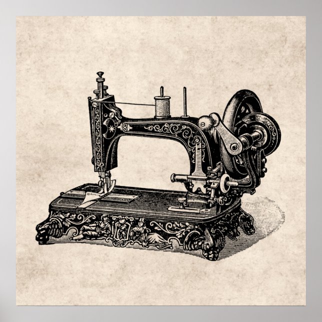 Vintage 1800s Sewing Machine Illustration Poster (Front)