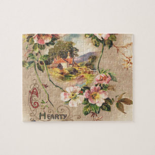 Vintage 1800s Victorian Birthday Floral Country Jigsaw Puzzle