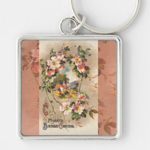 Vintage 1800s Victorian Birthday Floral Country  Key Ring