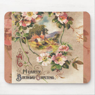 Vintage 1800s Victorian Birthday Floral Country Mouse Mat