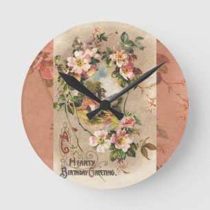 Vintage 1800s Victorian Birthday Floral Country  Round Clock