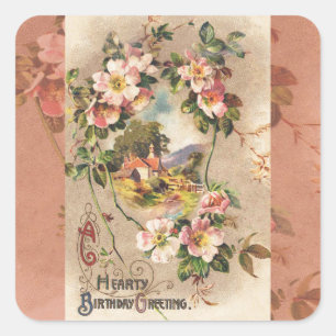 Vintage 1800s Victorian Birthday Floral Country Square Sticker