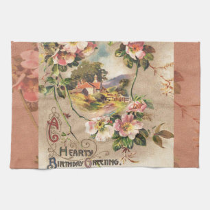 Vintage 1800s Victorian Birthday Floral Country Tea Towel