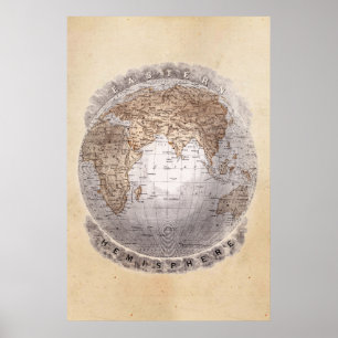 Vintage 1800s World Map Eastern Hemisphere Globe Poster