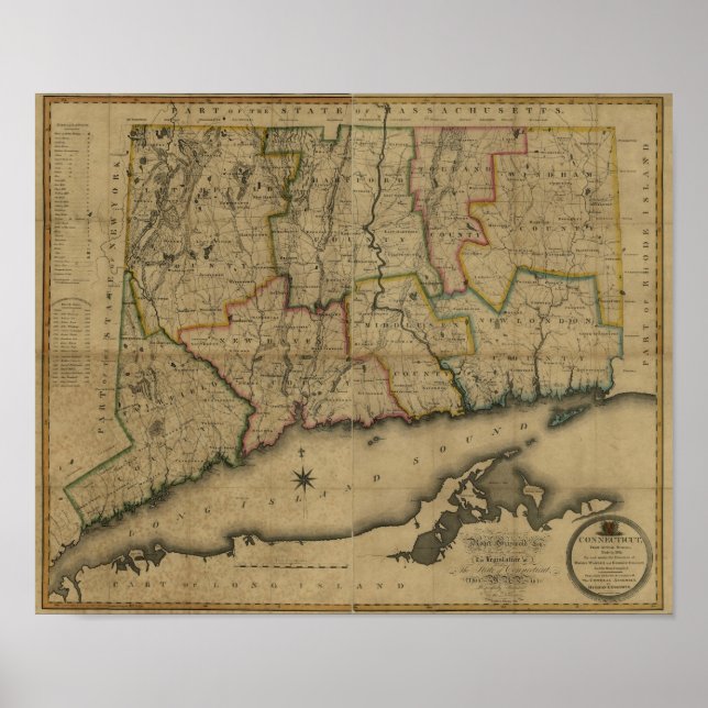 Vintage 1813 Connecticut Map Poster (Front)