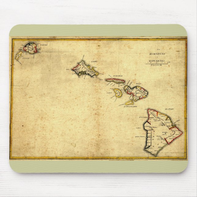 Vintage 1837 Hawaii Map -  Hawaiian Islands Mouse Mat (Front)