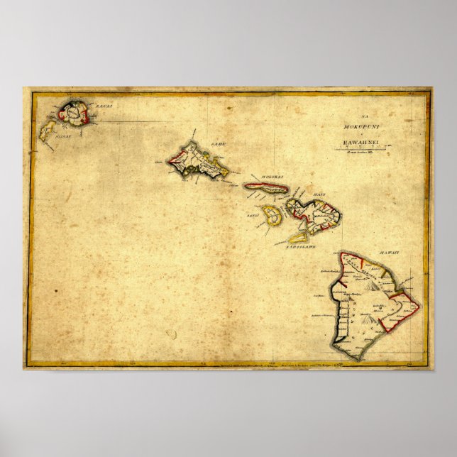 Vintage 1837 Hawaii Map -  Hawaiian Islands Poster (Front)