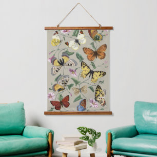 Vintage 1842 Butterfly Moth Botanical Floral Art Hanging Tapestry