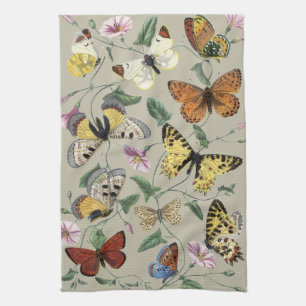 Vintage 1842 Butterfly Moth Botanical Floral Art Tea Towel