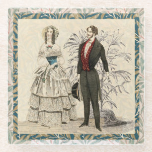 Vintage 1844 Victorian Wedding Illustration Glass Coaster