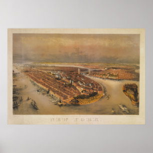 Vintage 1847 New York City Bird's Eye View Map Poster