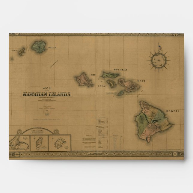 Vintage 1876 Hawaii Map -  Hawaiian Islands Envelopes (Front)