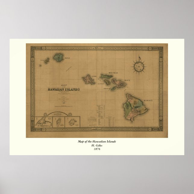 Vintage 1876 Hawaii Map -  Hawaiian Islands Poster (Front)