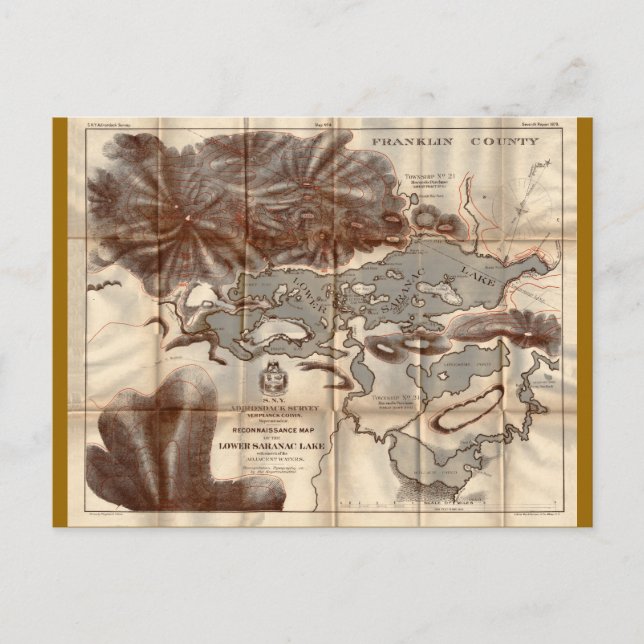 Vintage 1879 Lower Saranac Lake Reconnaissance Map Postcard (Front)