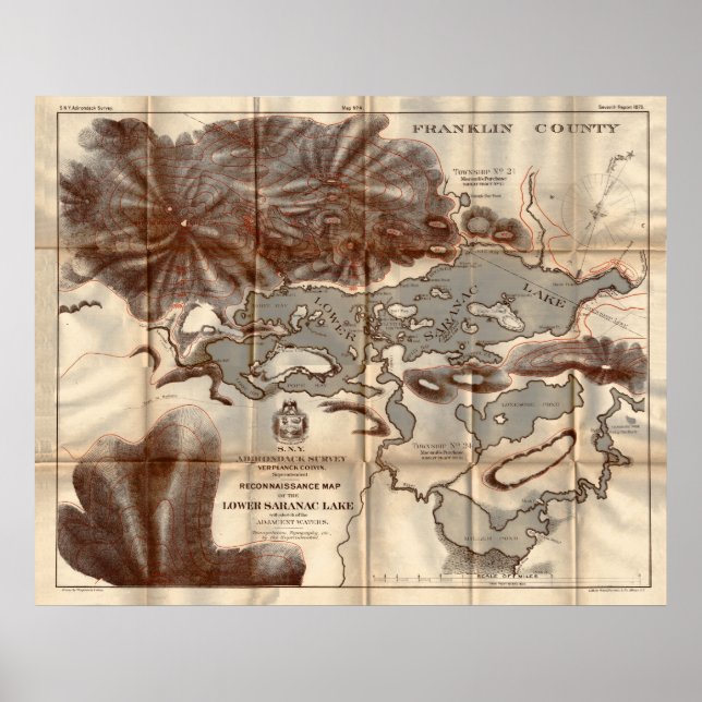 Vintage 1879 Lower Saranac Lake Reconnaissance Map Poster (Front)