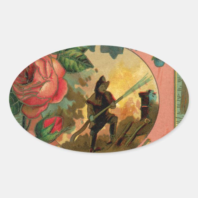 Vintage 1880's Fireman Firefighter Artwork Oval Sticker (Front)