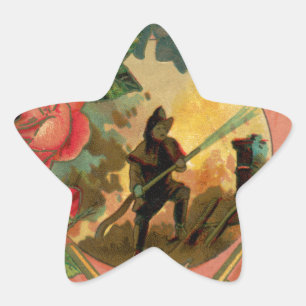 Vintage 1880's Fireman Firefighter Artwork Star Sticker